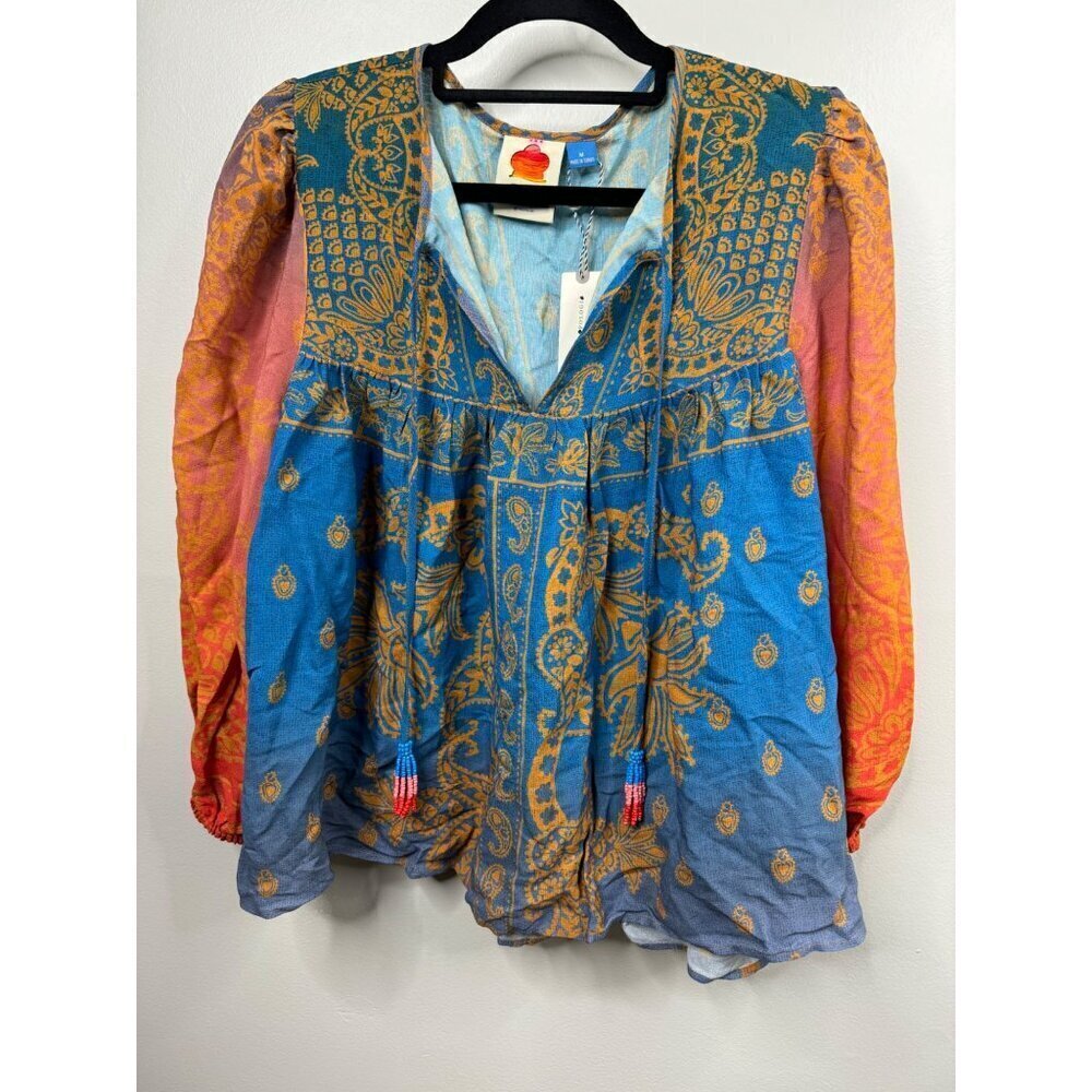 Anthropologie Farm Rio Puff-Sleeve Blouse Beaded Tassels Size M NWT - Picture 5 of 8